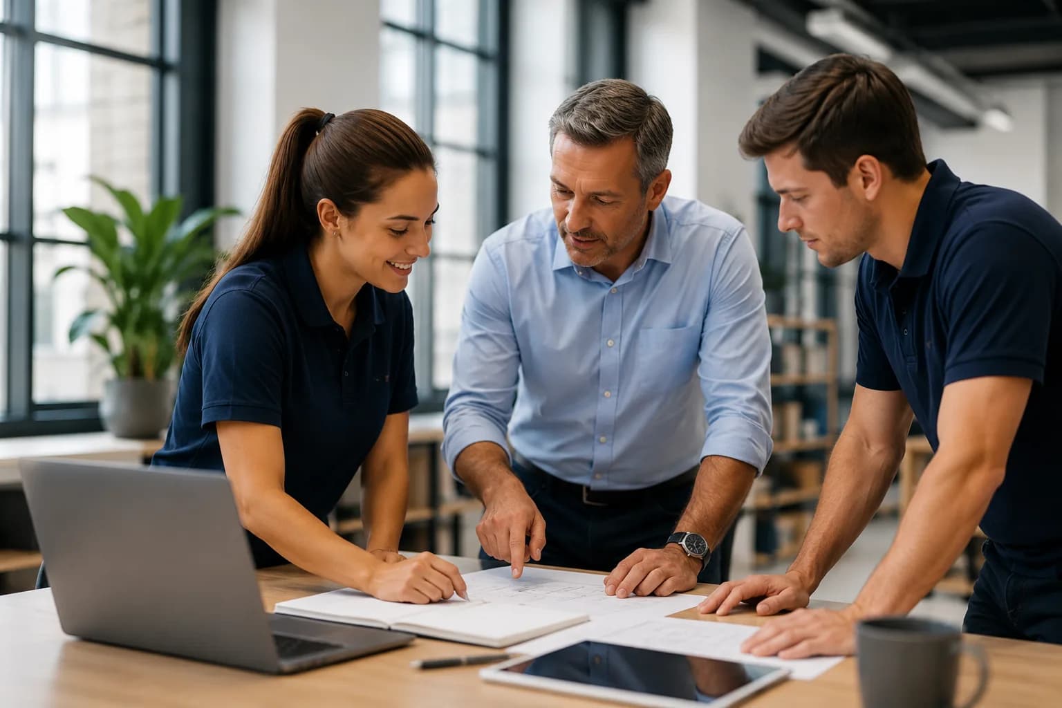A business representative discussing recruitment plans with two colleagues